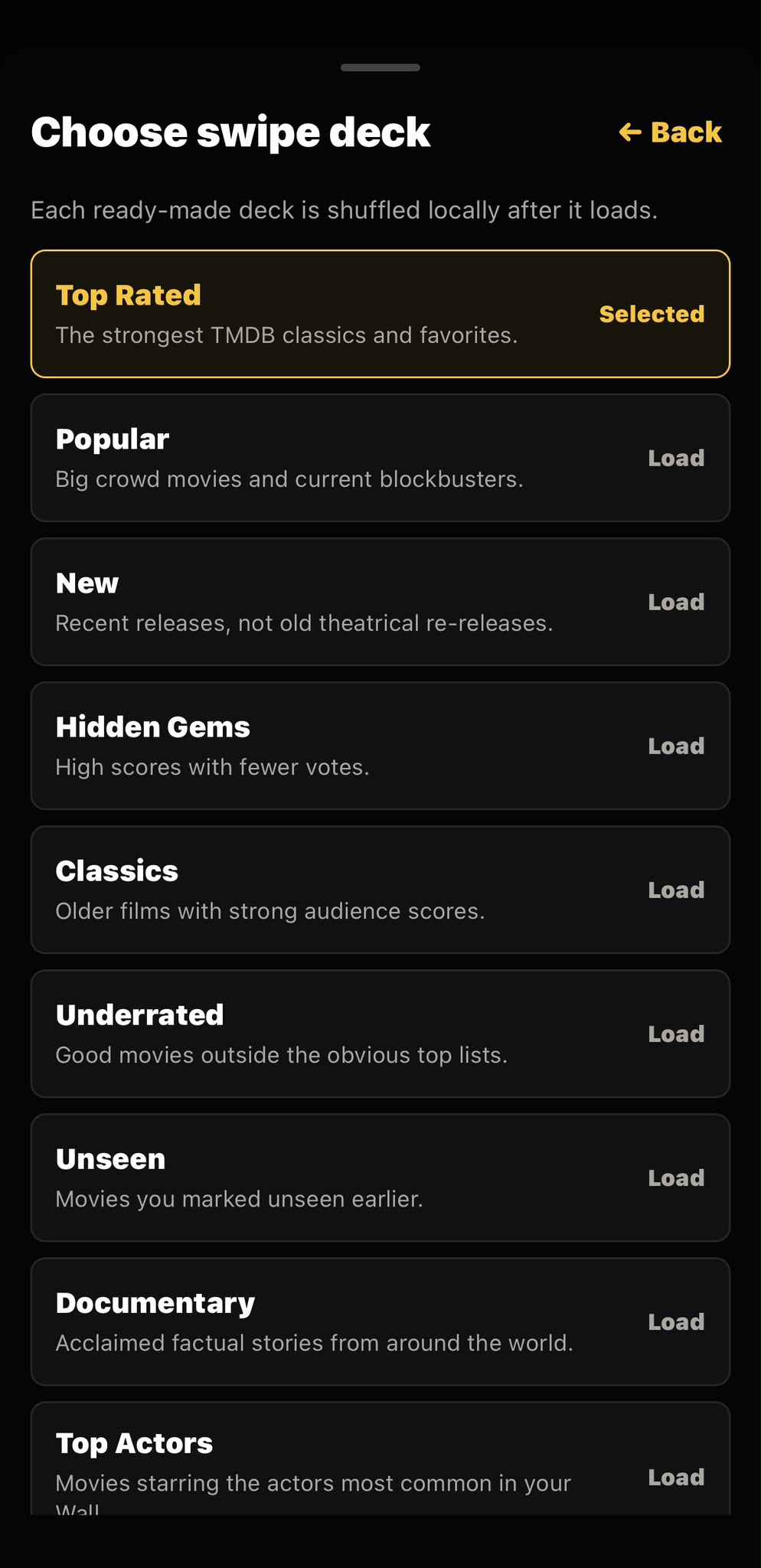 MovieWall deck selector with Top Rated, Popular and other movie decks