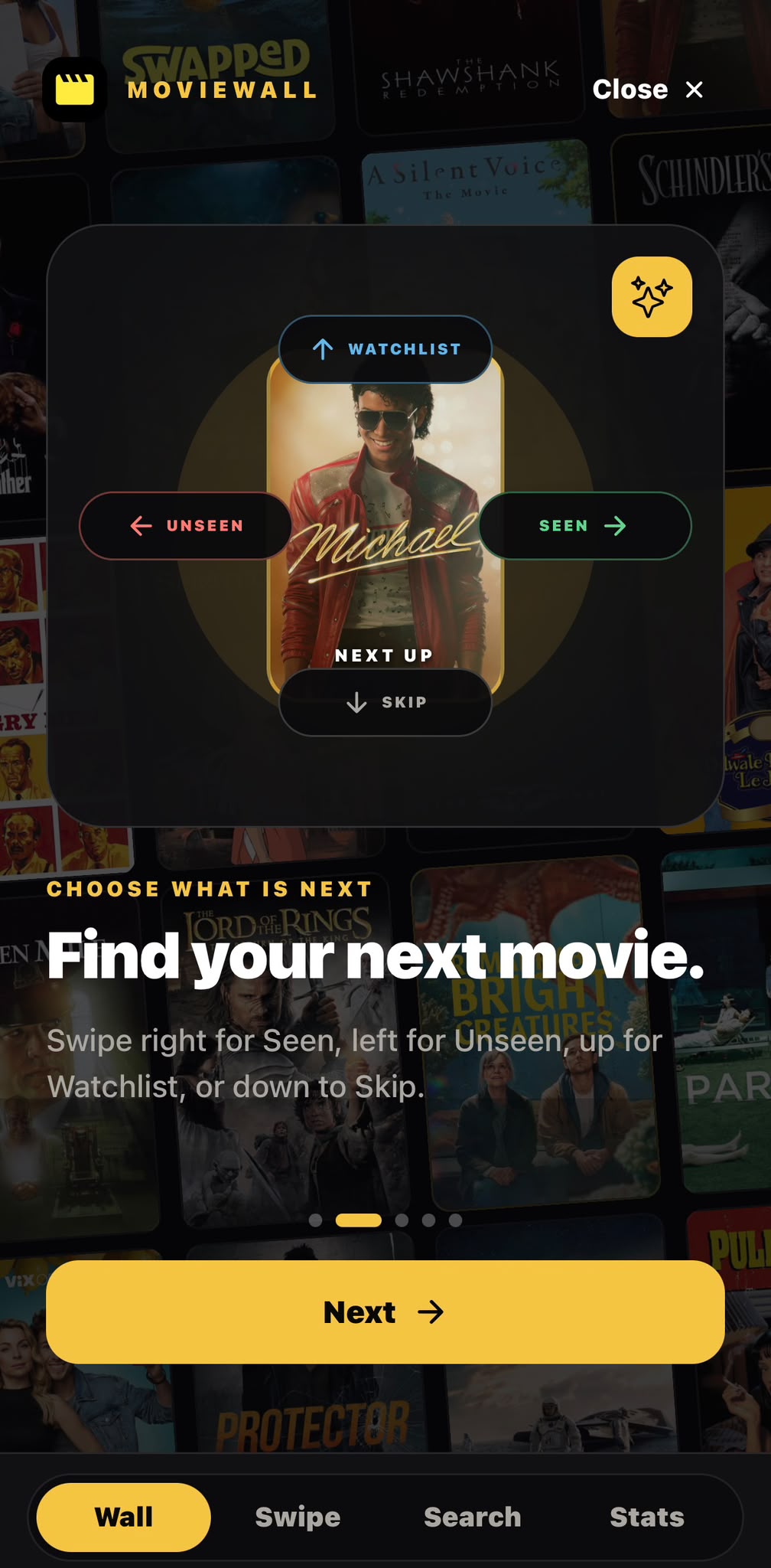 MovieWall introduction explaining the four swipe directions