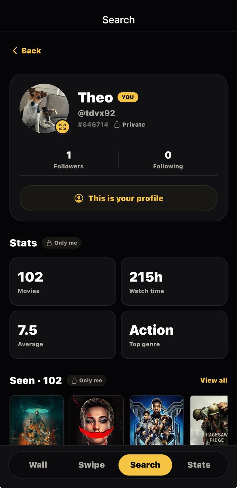 MovieWall profile page with personal stats