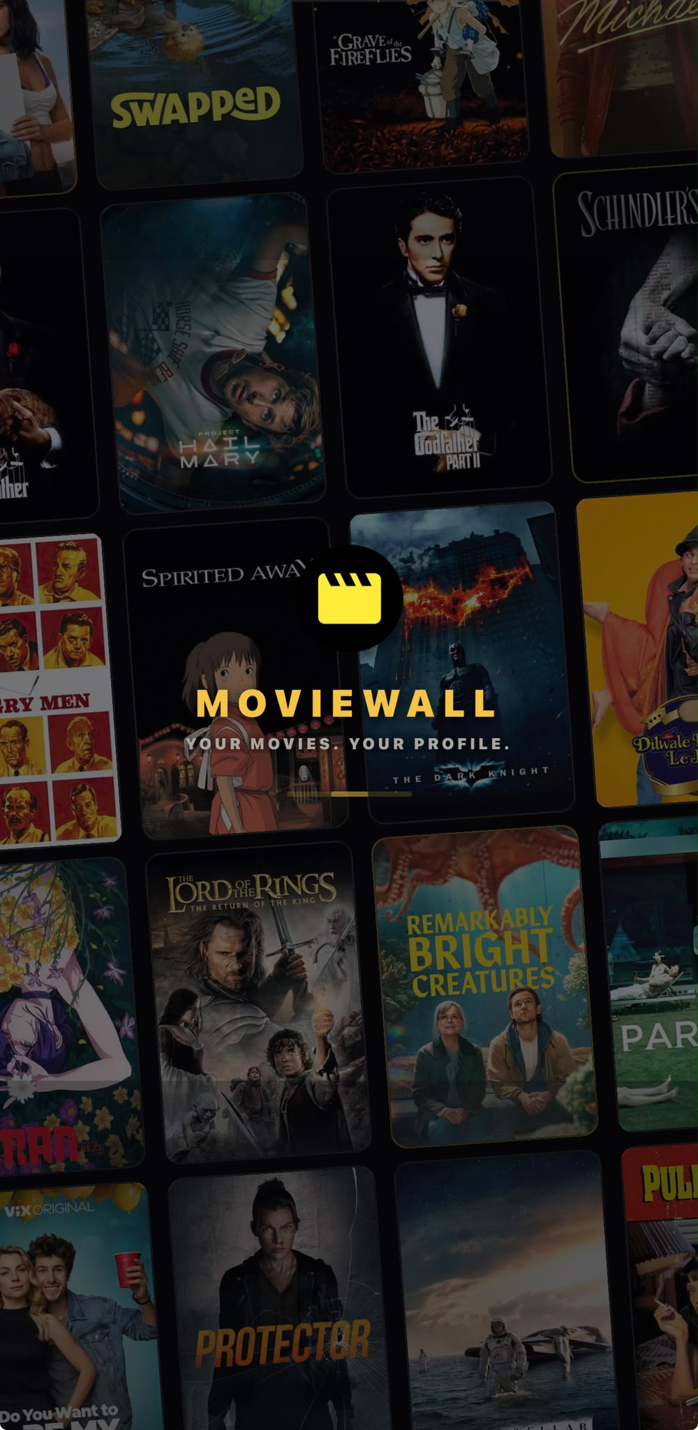 MovieWall splash screen with the app logo over a wall of movie posters