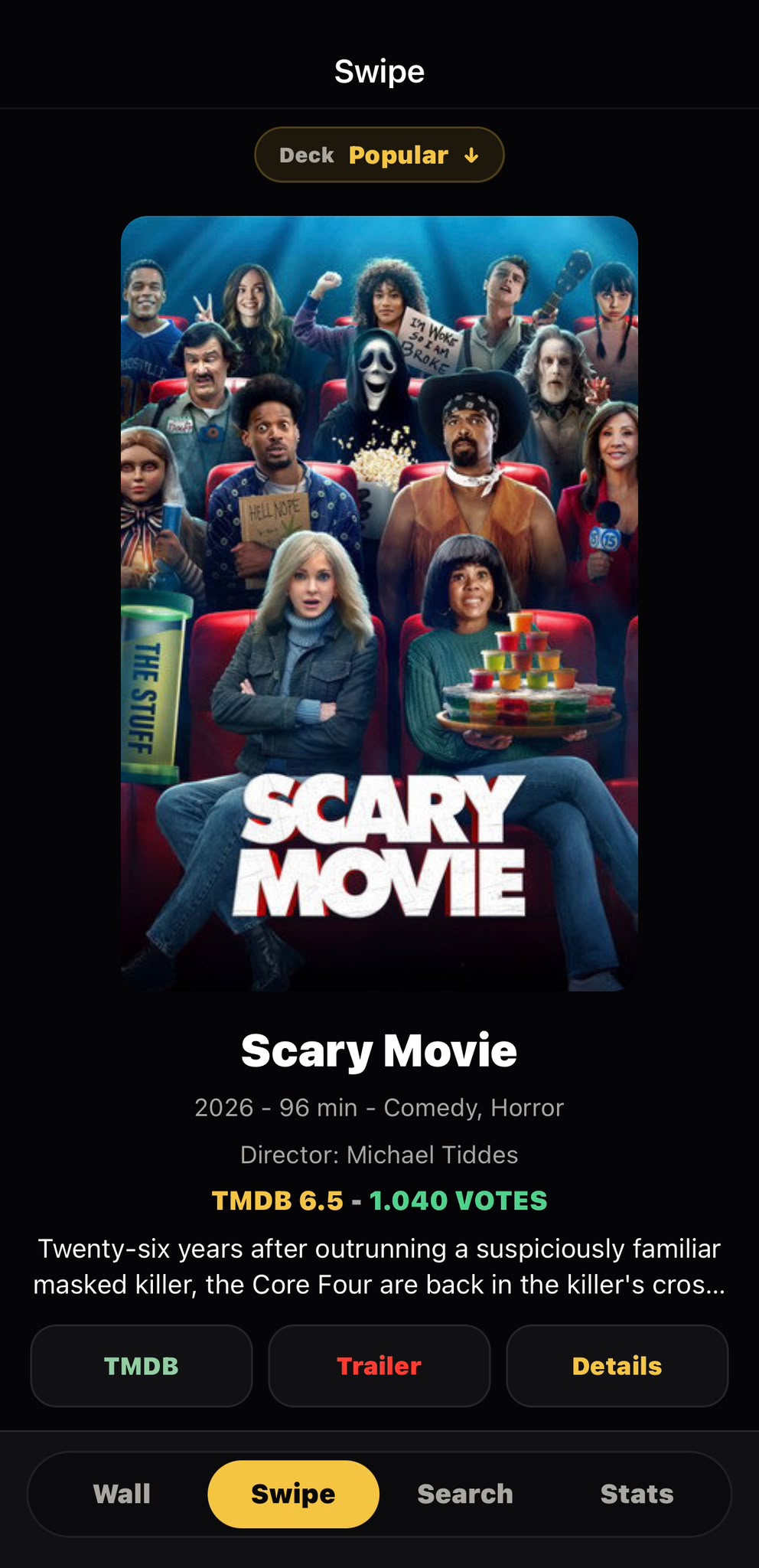 MovieWall Swipe screen showing Scary Movie