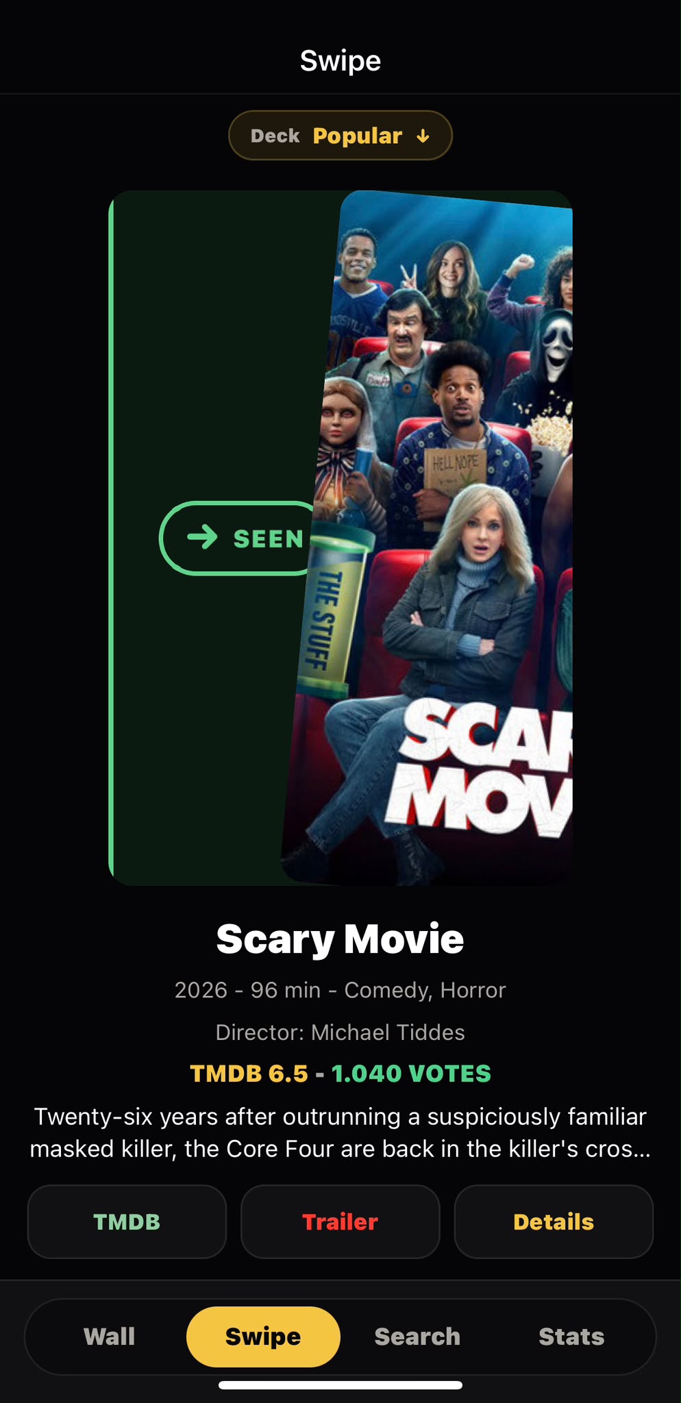 MovieWall Swipe screen marking a movie as Seen