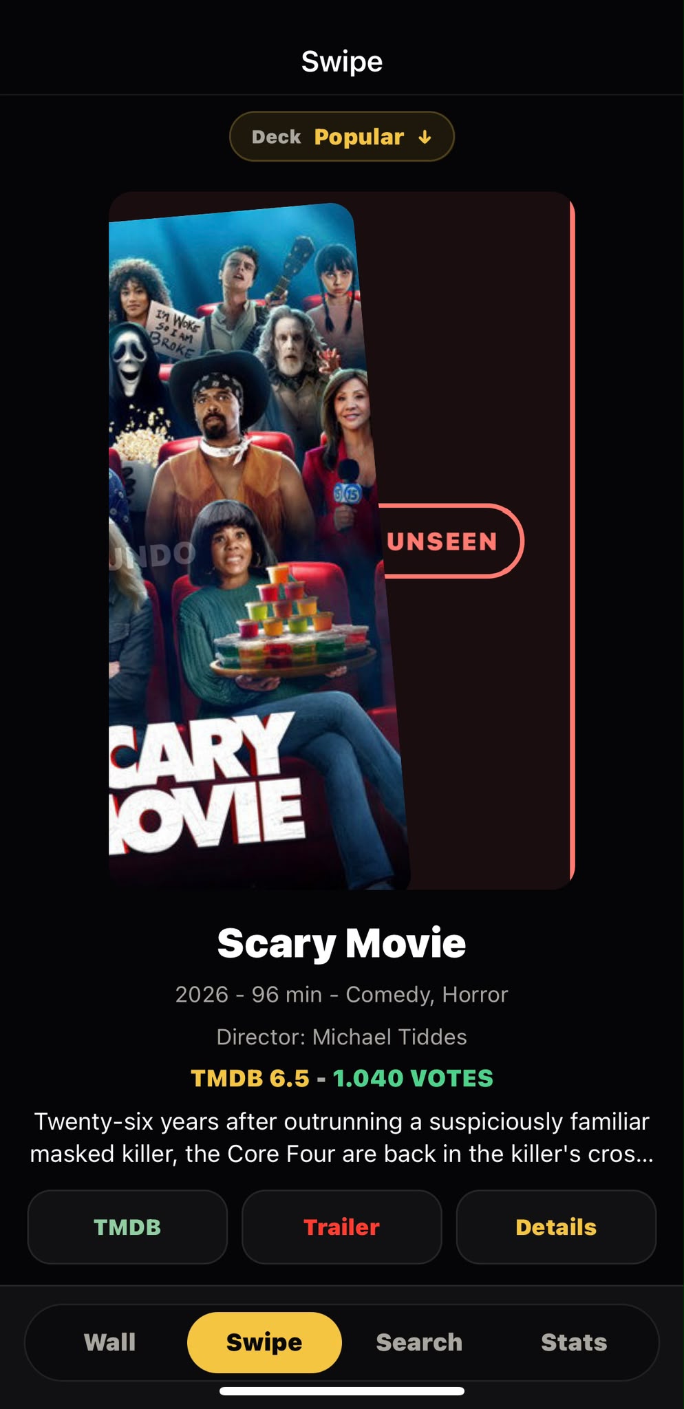 MovieWall Swipe screen marking a movie as Unseen