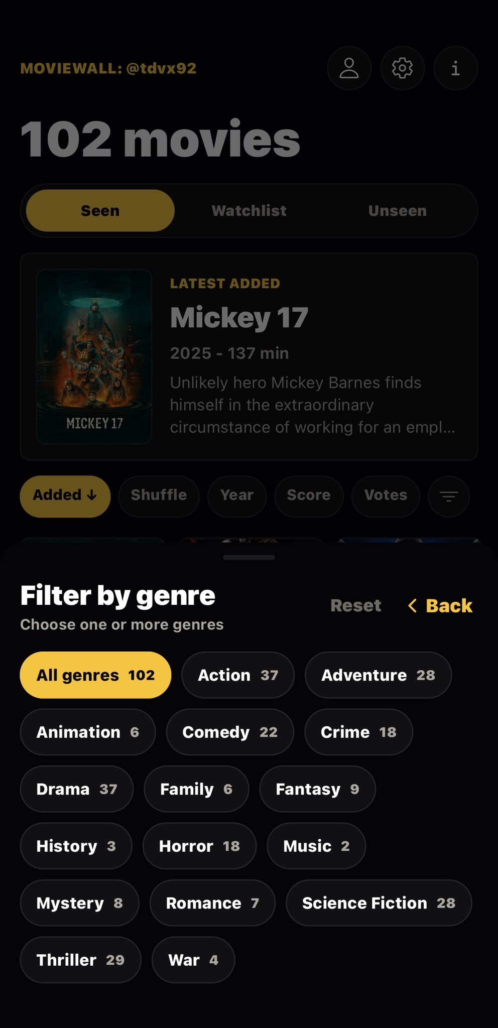 MovieWall genre filter with a list of available genres