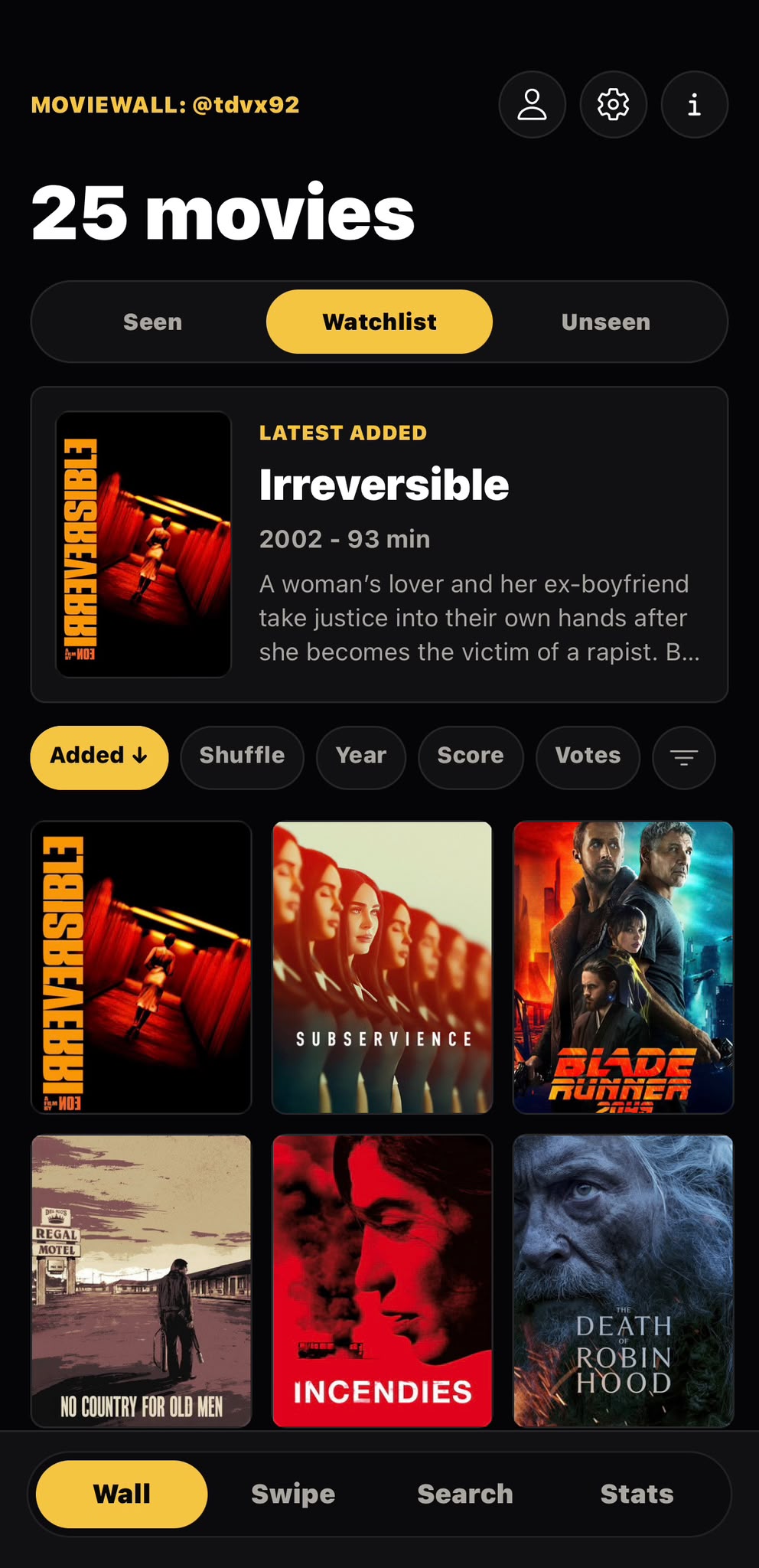 MovieWall Watchlist collection with a grid of saved movie posters